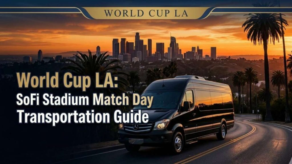 Black Mercedes Sprinter on a curving road with downtown LA skyline at sunset, ready for World Cup 2026 SoFi Stadium match day transportation