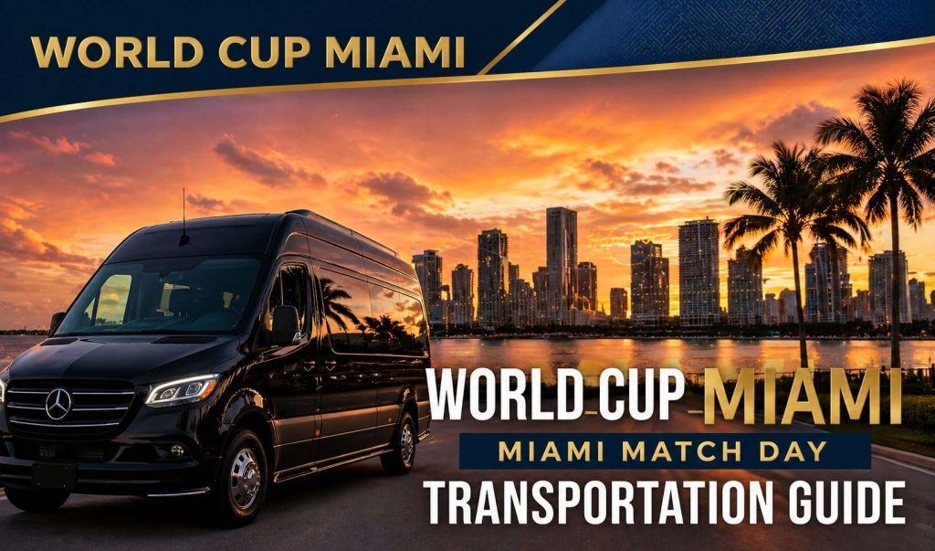 Black Mercedes Sprinter van with Miami skyline at sunset, ready for World Cup 2026 match day transportation