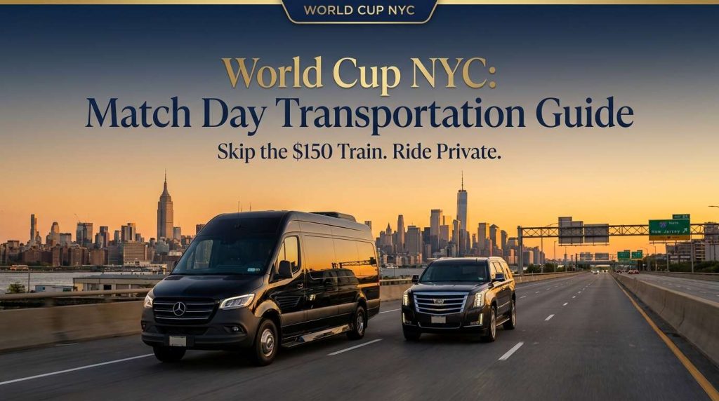 Black Mercedes Sprinter and Cadillac Escalade with Manhattan skyline at sunset, ready for World Cup 2026 match day transportation to MetLife Stadium