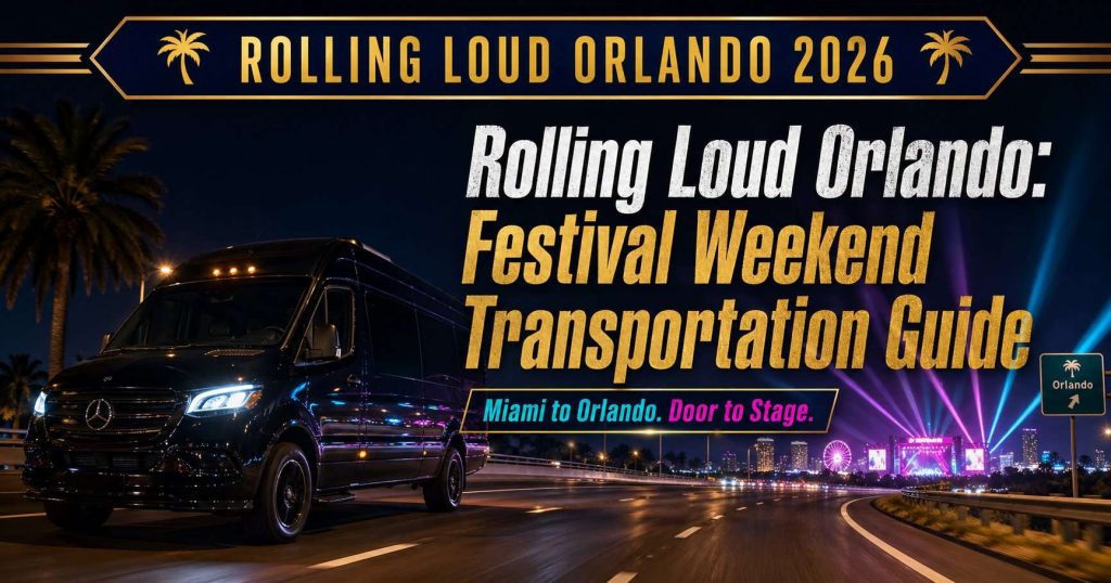 Black Mercedes Sprinter on a Florida highway at night with festival stage lights and palm trees, ready for Rolling Loud Orlando 2026 transportation